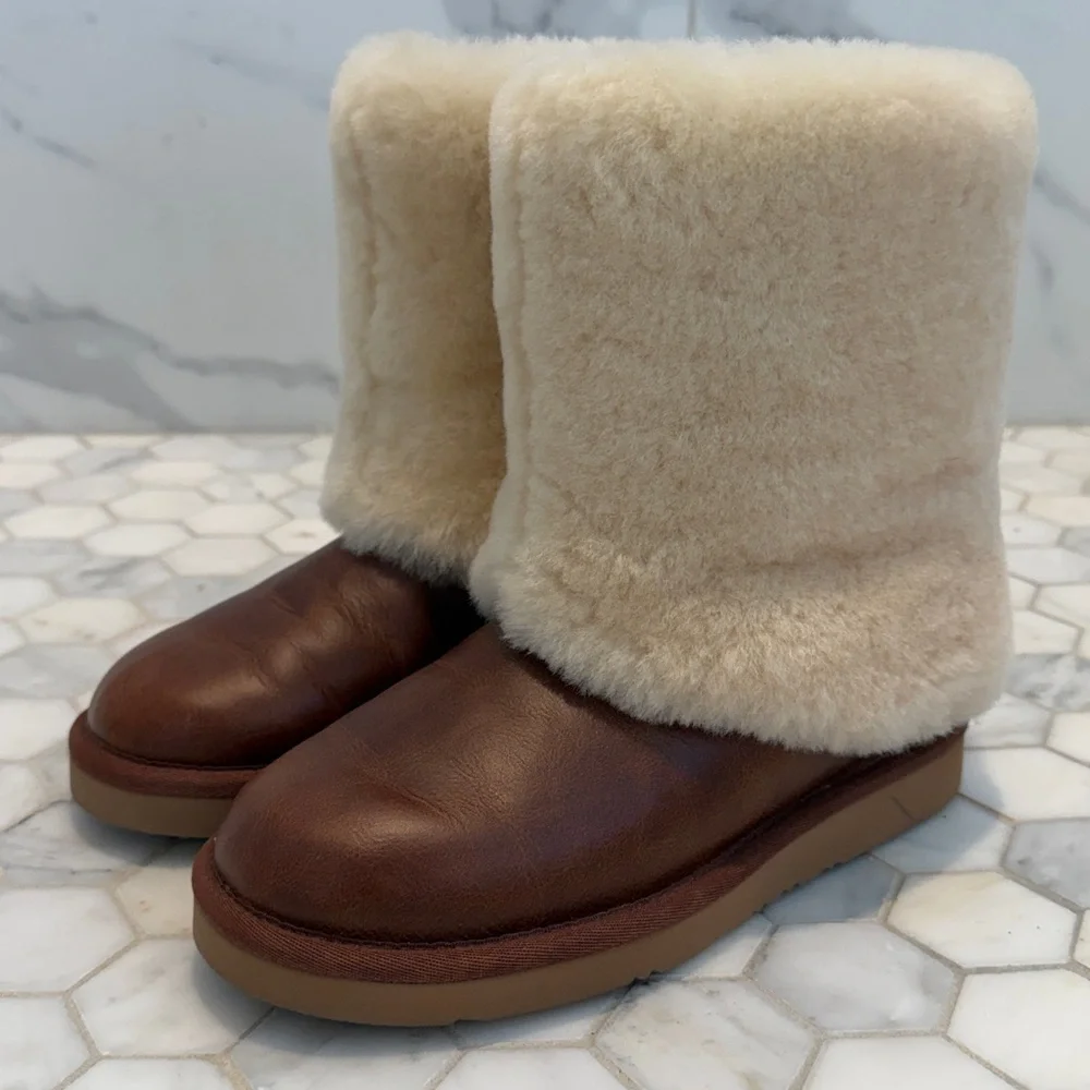 UGG PATTEN Shearling Cuff Chestnut Brown Leather Boots Women’s Size 6